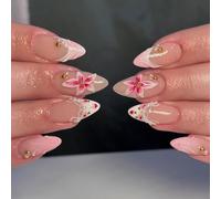 False Tips Floral French Tip Nude Glossy Manicure Set, White Accent Detail, Date Night Travel Ready Floral False Tips French Tip Manicure Nude Glossy Ready Wear Adhesive Tabs Date Night Travel