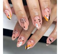 False Tips Halloween Almond Art Set | French Accent Pieces with Bat Web Star Patterns, Easy Wear Manicure for Photo Booths, Fall Outfits