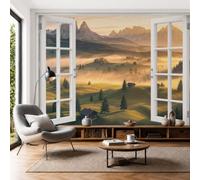 False Window Mountain Scenery Wall Mural for Living Room, 400x280cm Panoramic Photo Wallpaper Mountain Cabins In The Morning Mist Silk Wall Covering for Bedroom Office Sofa Background Decor, Brown