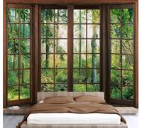 False Window Photo Wallpaper 144"x100" Forest 3D Effect Panoramic Wall Murals Non-Woven Wall Paper for Bedroom Living Room TV Backdrop,Easy to Install W-375