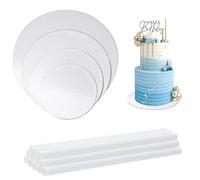 FALSKT 16Pcs Cake Board 12/10/8/6 Inch 3mm Silver Cake Boards with 24cm Cake Dowels for Tiered Cakes Re-usable Plastic Cake Support Rods for Construction and Stacking
