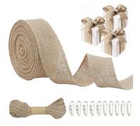 FALSKT 4cmx12m Hessian Ribbon Burlap Ribbon Natural Jute Ribbons Craft Jute Band with Twines and Pearl Brooch Pins for Gift Wrapping Crafting Bows Rustic Wedding Decorations Christmas Wreaths