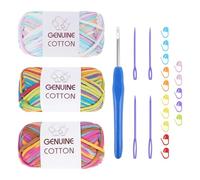 FALSKT Chunky Yarn for Crochet Soft Cotton Yarn 3x50g Easy Crochet Yarn for Beginners Multicolored Thick Wool for Knitting Crafts Amigurumi with Crochet Hook Plastic Needles Stitch Markers