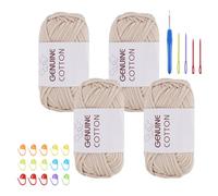 FALSKT Chunky Yarn for Crochet Soft Cotton Yarn 4x50g Easy Crochet Yarn for Beginners Beige Thick Wool for Knitting Crafts Amigurumi with Crochet Hook Plastic Needles Stitch Markers