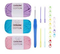 FALSKT Easy Crochet Yarn for Beginners 3x50g Chunky Yarn for Crochet Cotton Amigurumi Yarn Thick Wool for Knitting Crafts with Crochet Hook Plastic Needles Stitch Markers (Purple+Pink+Lake Blue)