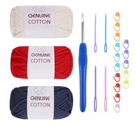 FALSKT Easy Crochet Yarn for Beginners 3x50g Chunky Yarn for Crochet Cotton Amigurumi Yarn Thick Wool for Knitting Crafts with Crochet Hook Plastic Needles Stitch Markers (White+Red+Denim Blue)