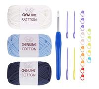 FALSKT Easy Crochet Yarn for Beginners 3x50g Soft Thick Yarn Easy Crochet Starter Kit with 4mm Crochet Hook Plastic Needles Stitch Markers (White+Light Blue+Denim Blue)