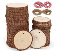 FALSKT Pack of 30 Wooden Discs 6-7 cm Wooden Discs for Crafts Tree Discs Round Tree Trunk Discs Wooden Disc 8 mm Thick Undrilled Wooden Circles with Hole Tree Disc with String for Christmas Decoration
