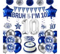 Falueqg 10th Birthday Decorations for Boys - 34 Pcs Blue Happy 10 Year Old Birthday Decorations Bruh I'M 10 Banners with Hanging Swirls Balloons Paper Pompoms Cake Toppers Party Decor for Boys