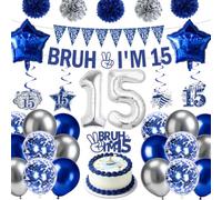 Falueqg 15th Birthday Decorations for Boys - 34 Pcs Blue Happy 15 Year Old Birthday Decorations Bruh I'M 15 Banners with Hanging Swirls Balloons Paper Pompoms Cake Toppers Party Decor for Boys