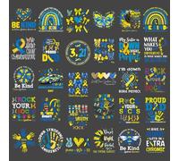 Falueqg Dtf Transfers Ready to Press - 30Pcs Down Syndrome Awareness Iron on Transfer for Tshirts, Care Down's Syndrome Iron on Decals Patches, Blue Yellow Ribbon Heat Stickers for DIY Crafts Clothes