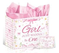 Falueqg Pink Bow Party Fvors - Girls Just Wanna Be One Goodie Candy Treat Gift Wrapping Paper Bags with Tissue Papers 1st Pink Bow Birthday Decorations for Girl Happy 1 Year Old Celebration