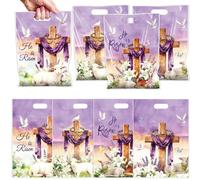 Falueqg Religious Easter Party Favor Bags - 100 Pcs Happy Easter He is Risen Goodie Candy Gift Bags First Communion Religious Cross Party Favors for Christian Spring Hunt Egg Game Baptism Supplies