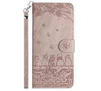 FALUWONRU for iPhone 17 Wallet Case,Fence Cats Butterfly Flower Embossed PU Leather Flip Phone Case with Card Slots,Magnetic Protective Cover with Holder Kickstand,Purple