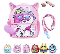 Fam and Pal I Neoprene 3D Kitty Cat Toddler Backpack for Girls I Includes Safety Rein Strap, Chest Buckle & PU leather Stroller Loop I Preschool & Nursery Bag for kids I Suitable for 0-4 Years I