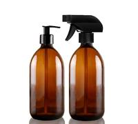 Fam Organic 300ml Amber Glass Soap Dispenser and Trigger Spray Refillable Bottle Combo Set with Black Pump (Amber 300ml - 1 Soap Dispenser + 1 Trigger Spray)