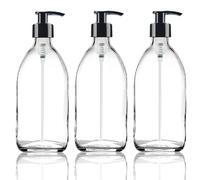 Fam Organic 300ml Clear Glass Bottle with Plastic Pump Refillable Soap Dispenser for Lotion, shampoo, conditioner, Body wash, Hand Wash. BPA Free - Eco Friendly (Clear 300ml - Black Pump - Pack of 3)