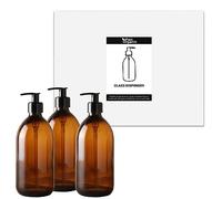 Fam Organic 500ml/17oz Amber Brown Glass Soap Dispenser Bottle with Black Plastic Pump - Refillable for Lotion, Shampoo, Conditioner, Body Wash, Hand Wash, Liquid Toiletries - BPA Free (3x 500ml)