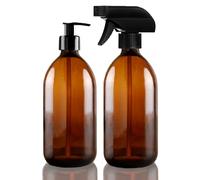 Fam Organic 500ml Amber Glass Soap Dispenser and Trigger Spray Refillable Bottle Combo Set with Black Pump (Amber 500ml - 1 Soap Dispenser + 1 Trigger Spray)