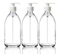 Fam Organic 500ml Clear Glass Bottle with Plastic Pump Refillable Soap Dispenser for Lotion, shampoo, conditioner, Body wash, Hand Wash. BPA Free - Eco Friendly (Clear 500ml - White Pump - Pack of 3)
