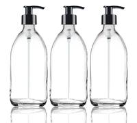 Fam Organic 500ml Clear Glass Bottle with Plastic Pump Soap Dispenser Refillable for Lotion, shampoo, conditioner, Body wash, Hand Wash. BPA Free - Eco Friendly (Clear 500ml - Black Pump - Pack of 3)