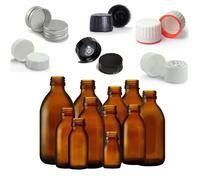 Fam Organic Reusable Refillable BPA Free Medical Medicine Amber Glass Bottles Lids/Caps (Black Poly Cone cap, 2x 300ml)
