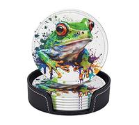 Famame 6 Pcs Frog Splash Watercolor Leather Coasters for Drinks with Holder Coaster Sets Drink Table Cup Coasters for Living Room Kitchen Coffee Decor