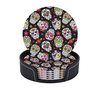 Famame Day of The Dead Sugar Skulls Leather Coasters for Drinks with Holder Coaster Sets 6 Pcs Drink Table Cup Coasters for Living Room Kitchen Coffee Decor