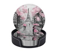 Famame Eiffel Tower Pink Paris Lovers Leather Coasters for Drinks with Holder Coaster Sets 6 Pcs Drink Table Cup Coasters for Living Room Kitchen Coffee Decor