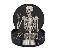 Famame Love Skulls Skeleton Black Leather Coasters for Drinks with Holder Coaster Sets 6 Pcs Drink Table Cup Coasters for Living Room Kitchen Coffee Decor