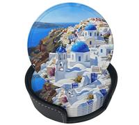 Famame Oil Painting Beautiful Santorini Leather Coasters for Drinks with Holder Coaster Sets 6 Pcs Drink Table Cup Coasters for Living Room Kitchen Coffee Decor
