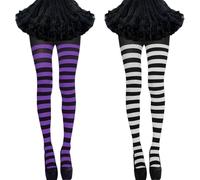 FAMCUCHE 2 Pairs Striped Tights, Black and Purple, Black and White Striped Tights, Elf Opaque Tight for Women, Stripy Tight Women for Cosplay Party Costume Dress Up