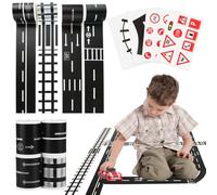 FAMCUCHE 8 Rolls Road Tape, Road Tape for Toy Cars with 2 Sheets Traffic Signs and 2 Curve, Reusable and Easy to Apply, Removable Traffic Train Toy Car Stickers for Kids DIY Traffic Highway