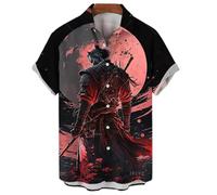 famesale 3D Printed Japanese Warrior Shirts for Men Samurai Graphic Beach Shirt Fashion Mens Short Sleeve Button Down Blouses Tops