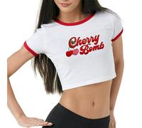 famesale Cherry Bomb Crop T-Shirt Women's Y2K Short Sleeve Crop Tops Cute Summer Slim Fit Streetwear for Teen Girls