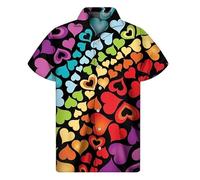 famesale Colorful Love Heart Printed Hawaiian Shirts for Men Love Heart 3D Printed Shirt Lapel Short Sleeve Street Oversized Women Blouse