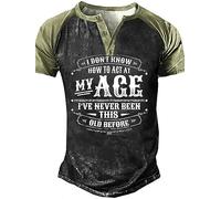 famesale I Don't Know How to Act My Age Henley Shirts Men's 3D Funny Letter Printed V Neck Short Sleeve Henley Shirts Button Down Tops
