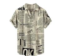famesale Men Vintage Shirt Newspaper Print Short Sleeve Lapel Shirt Summer Regular Button Casual Beach Blouse Top