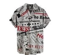 famesale Men Vintage Shirt Newspaper Print Short Sleeve Lapel Shirt Summer Regular Button Casual Beach Blouse Top