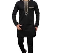 famesale Men's Dashiki Long Shirt + Trouser Set 2 Piece Outfit Suit Traditional Ethnic Style African Clothes T-Shirt Pants Suit for Men