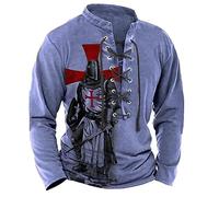 famesale Men's Knight Templar 3D Print T-Shirt V-Neck Long Sleeve Henley Shirts Retro Lace Up Stand Collar Distressed Tops