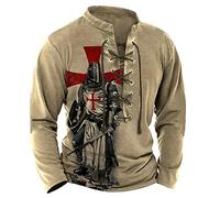 famesale Men's Knight Templar 3D Print T-Shirt V-Neck Long Sleeve Henley Shirts Retro Lace Up Stand Collar Distressed Tops