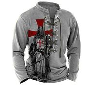 famesale Men's Knight Templar 3D Print T-Shirt V-Neck Long Sleeve Henley Shirts Retro Lace Up Stand Collar Distressed Tops