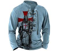 famesale Men's Knight Templar 3D Print T-Shirt V-Neck Long Sleeve Henley Shirts Retro Lace Up Stand Collar Distressed Tops