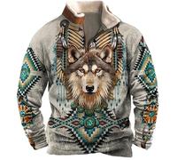 famesale Men's Native American Indian Sweatshirts Retro Indian Wolf 3D Printed Ethnic Totem 1/4 Zip Jacket Long Sleeve Pullover Sweatshirts