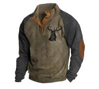famesale Men's Vintage Hunting Deer Printed Henley Shirts Western Aztec Sweatshirts Casual Long Sleeve Fleece Stand Collar Button Down Pullover Jacket