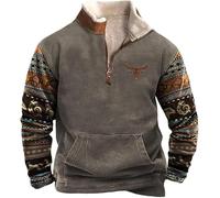 famesale Men's Western Fleece Sweatshirts Aztec Fleece Fuzzy Pullover Winter Half Zip Stand Collar Vintage Western Sweater with Pockets