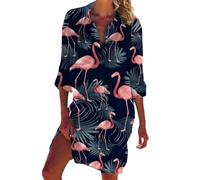 famesale Peacock Flamingo Beach Blouses Animal 3D Printed Women Long Sleeve Mid-Length Shirts Buttons Pocket Tops Blouse