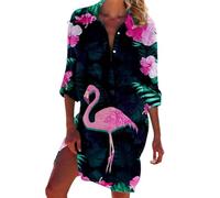 famesale Peacock Flamingo Beach Blouses Animal 3D Printed Women Long Sleeve Mid-Length Shirts Buttons Pocket Tops Blouse