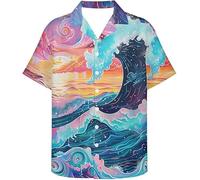famesale Sea Ocean Wave Hawaiian Shirt Women's Men's Japanese Art 3D Printed Button Down Tropical Beach Shirt for Summer Holiday